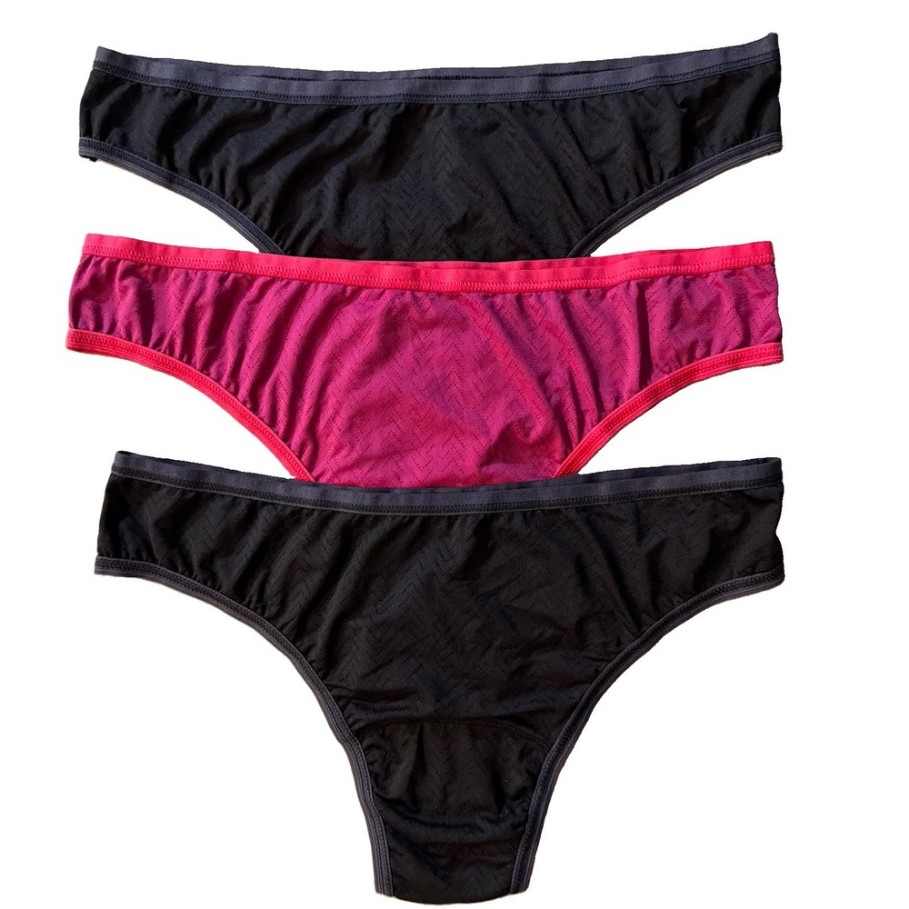 Hanky Panky MoveCalm Natural Rise Thong 3-Pack Size S Black & Magenta NWT